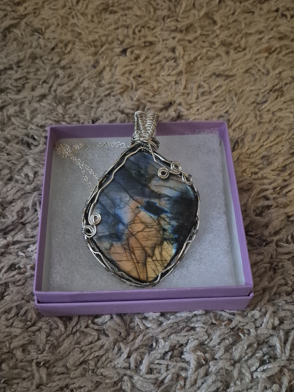 Handcrafted Blue and Gold Labradorite Wire-Wrap Pendant Necklace